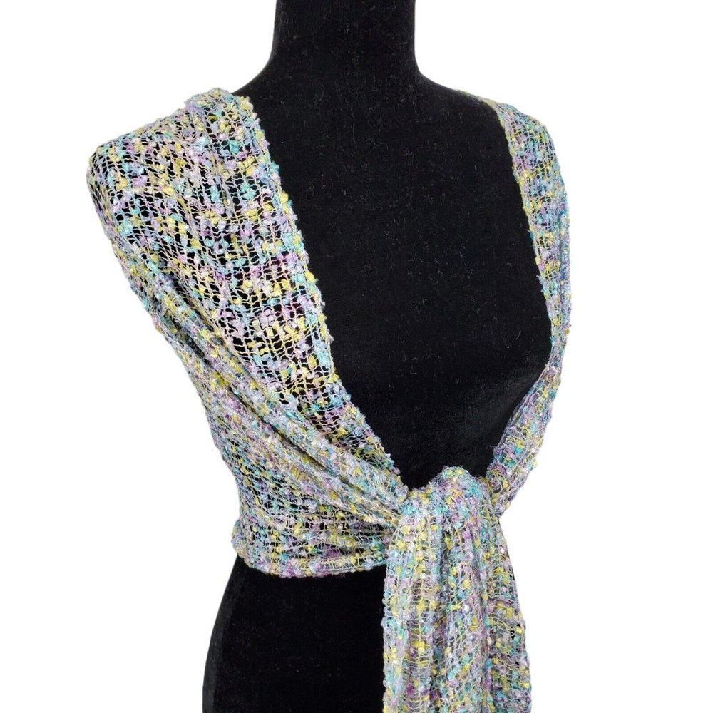 Womens Shawl Wrap Pastel Multicolor Knit Boucle with Fringe and Silver Sparkle